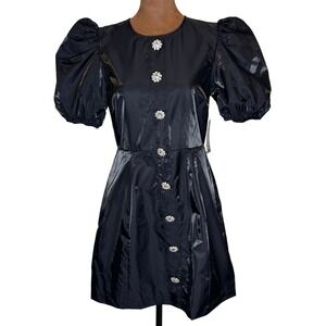 Danielle Bernstein Black Puff Sleeve Mini Dress Women's 6 Rhinestone Buttons NWT